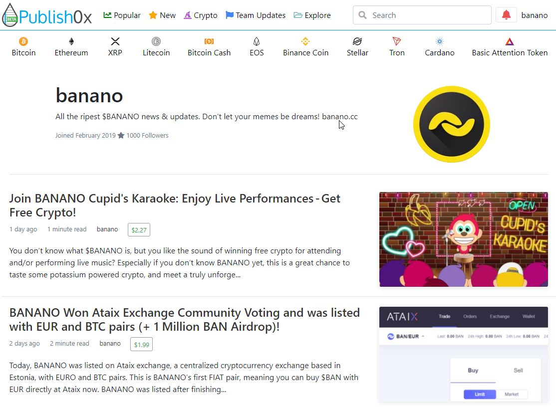 The BANANO Blog at Publish0x now has 1000 Followers! Let’s do a Publish0x-Exclusive Giveaway!